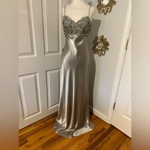 Vintage 90s De Laru Silver Gown with Floral Bust